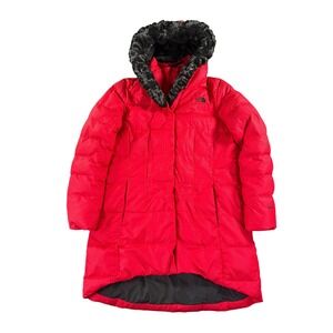 The North Face Honeycomb 550 Down Jacket Womens XL Red Faux Fur Hood Puffer Long